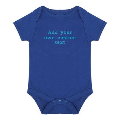 royal blue baby bodysuit with blue custom embroidered text