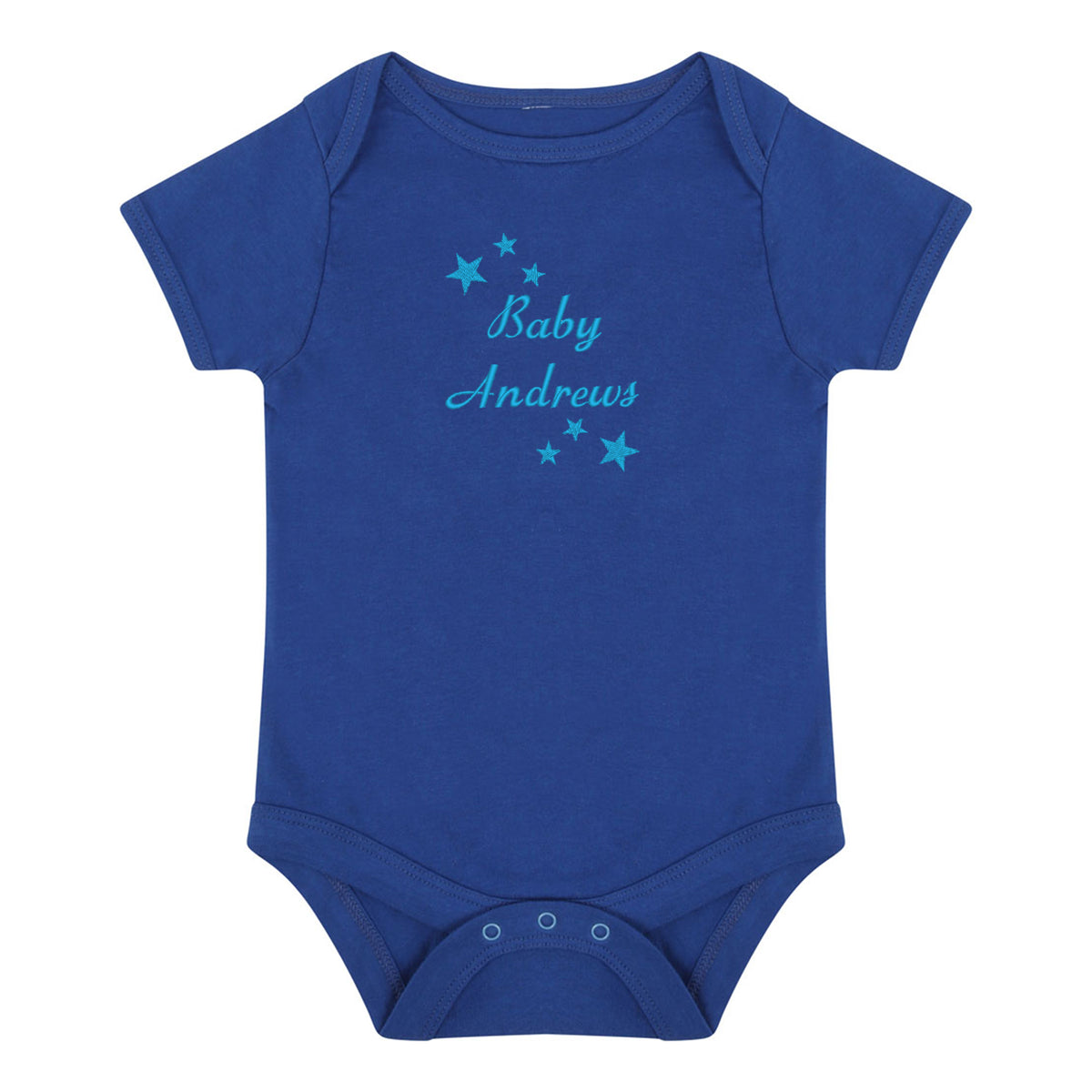 A royal blue short-sleeve baby bodysuit with 'Baby Andrews' embroidered in light blue script across the chest, surrounded by small light blue stars, shown on a plain white background.