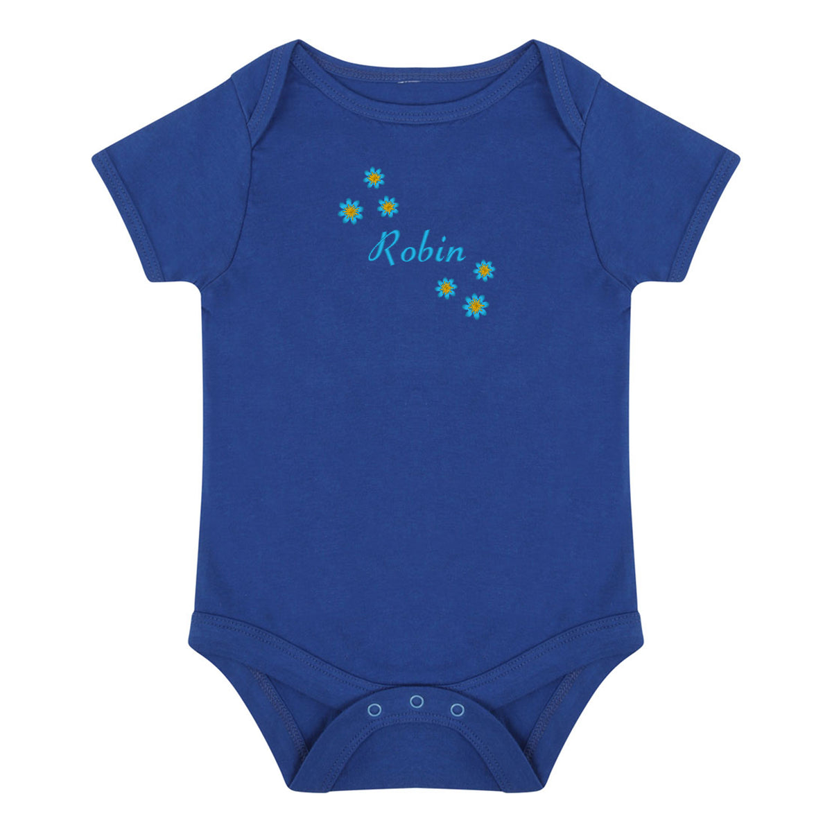 A royal blue short-sleeve baby bodysuit with three snap closures at the crotch and a personalized chest print featuring the name 'Robin' in light blue script surrounded by small yellow and blue flowers, shown on a plain white background.