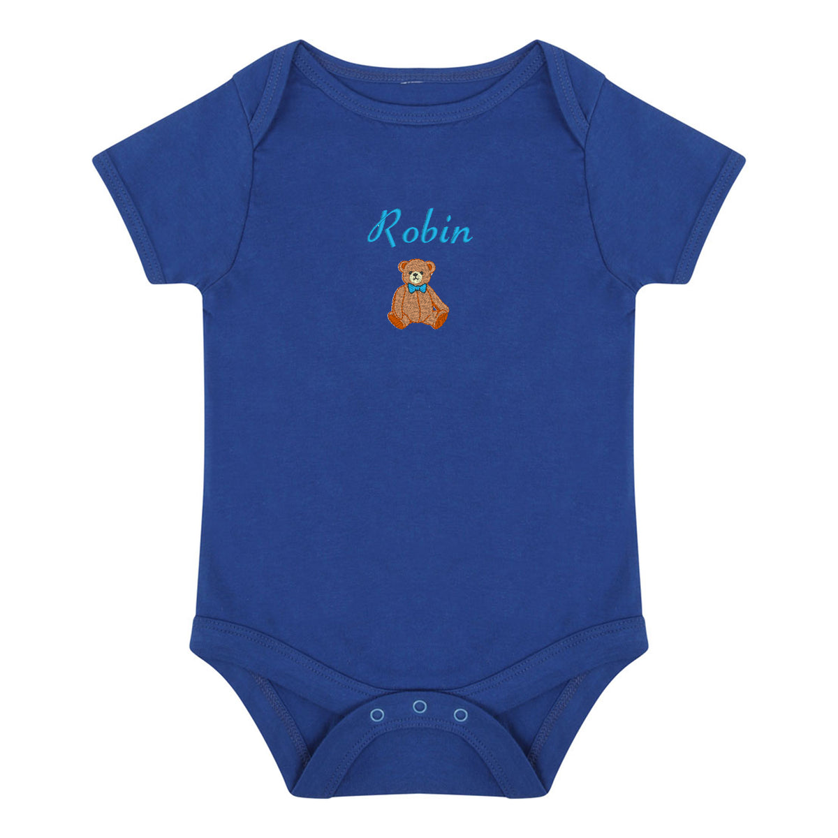 A royal blue short-sleeve baby bodysuit with 'Robin' and a small brown teddy bear graphic embroidered on the chest, displayed on a solid white background.