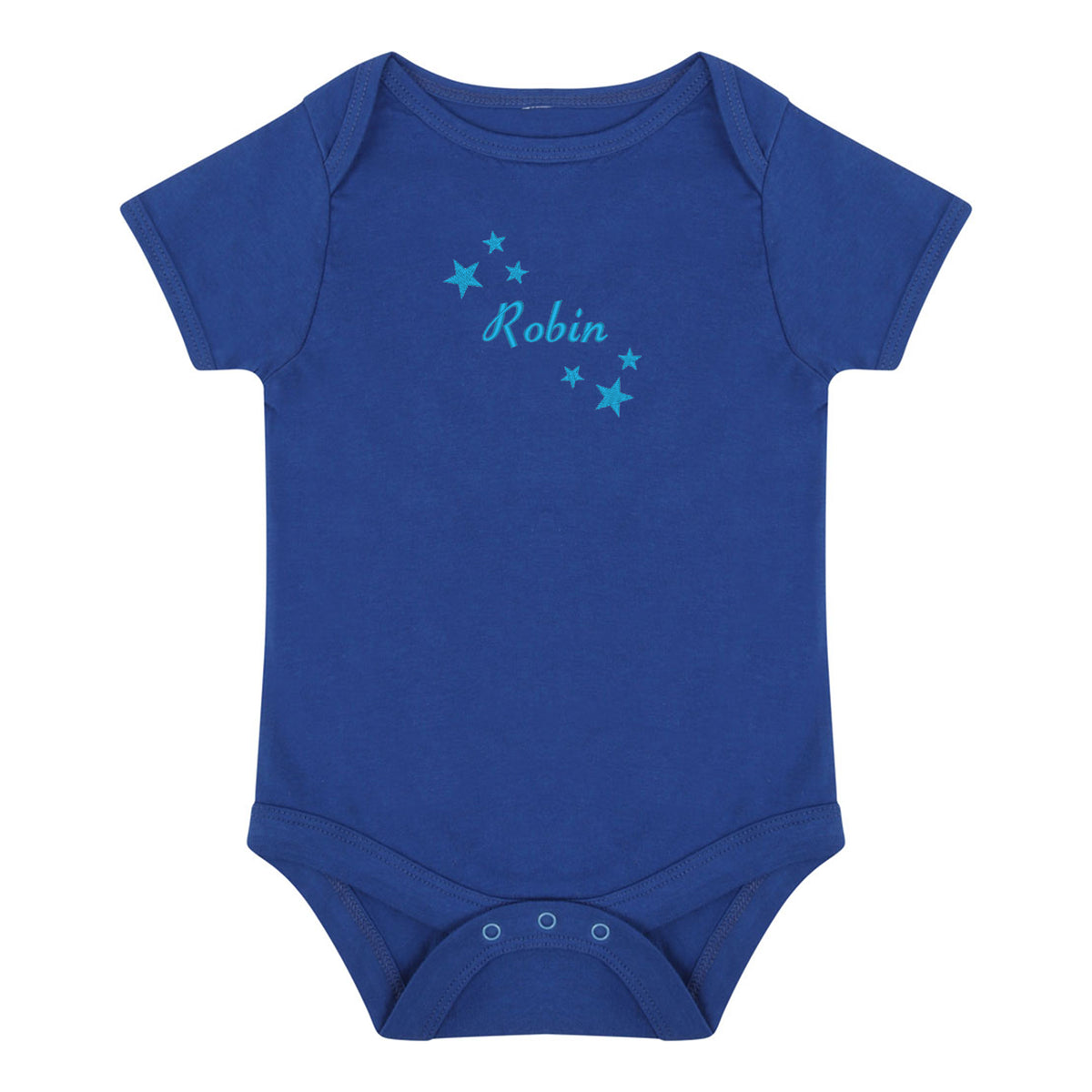 A royal blue short-sleeve baby bodysuit with 'Robin' and small star graphics in light blue on the chest, displayed flat against a white background.