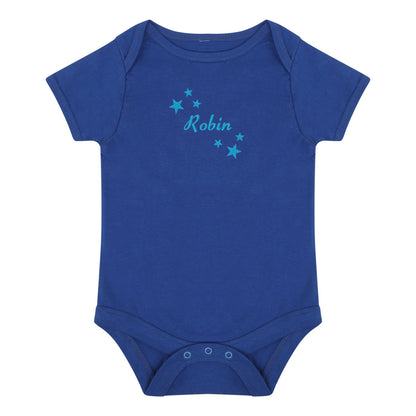 A royal blue short-sleeve baby bodysuit with 'Robin' and small star graphics in light blue on the chest, displayed flat against a white background.