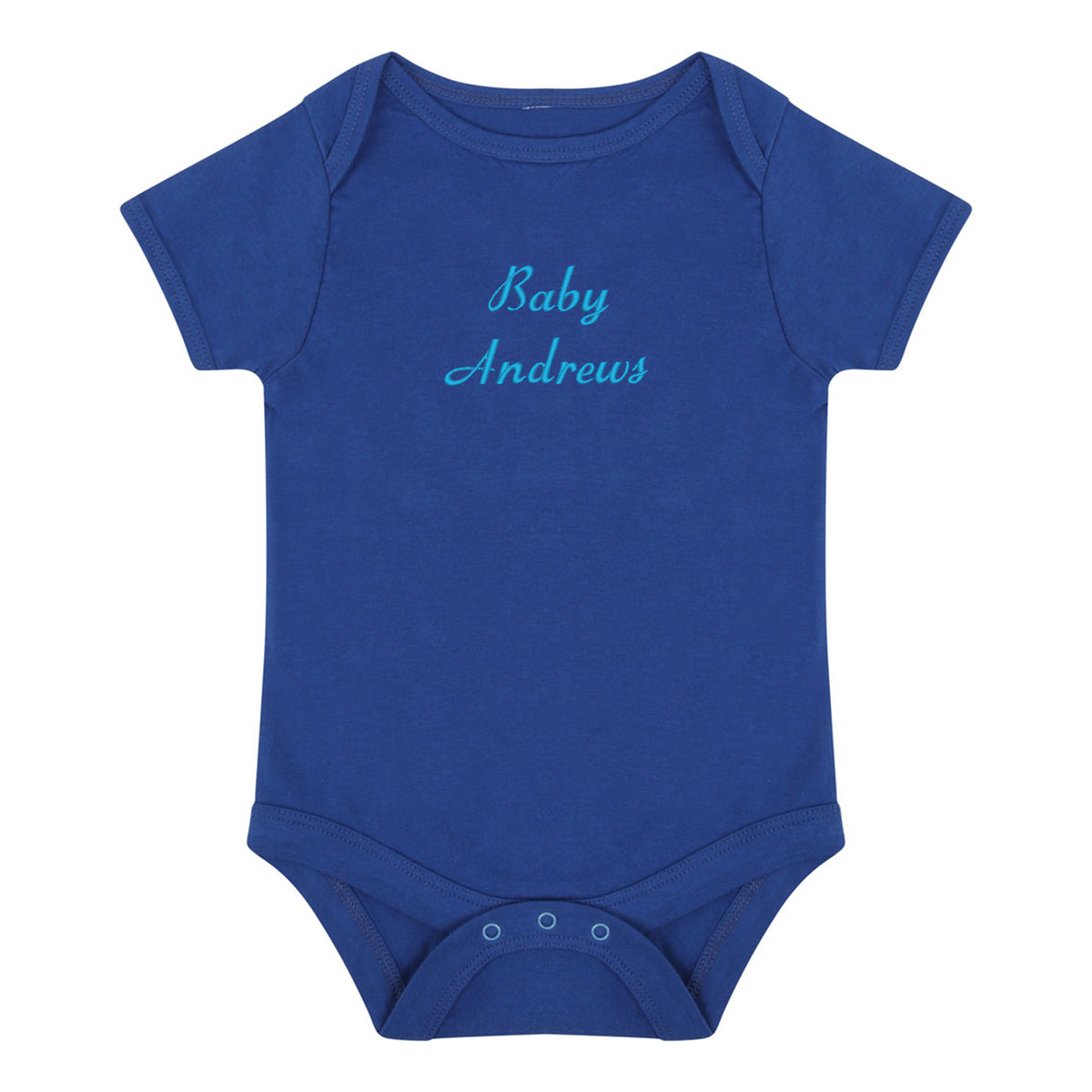 A royal blue short-sleeve baby bodysuit with 'Baby Andrews' embroidered in light blue cursive text on the chest, displayed on a solid white background.