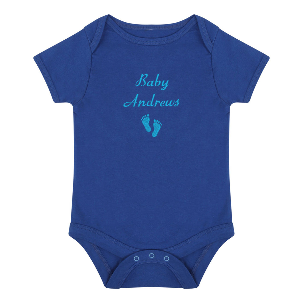 A royal blue short-sleeve baby bodysuit with 'Baby Andrews' and a pair of baby feet embroidered in light blue on the chest, displayed on a solid white background.