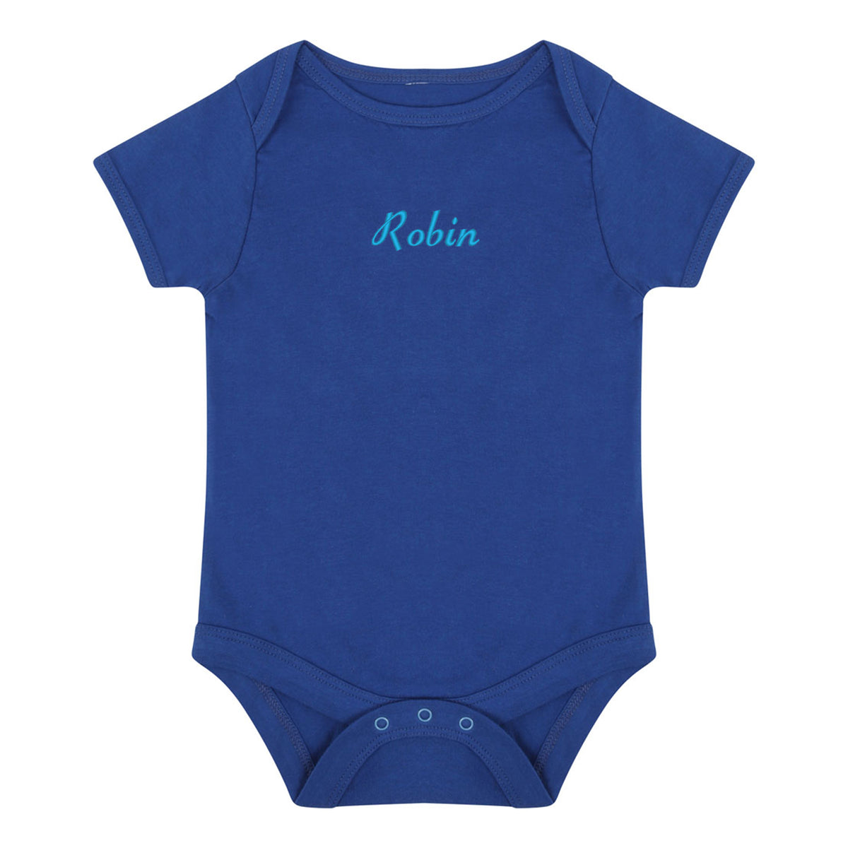 A royal blue short-sleeve baby bodysuit with the name 'Robin' embroidered in light blue script across the chest, displayed on a solid white background.