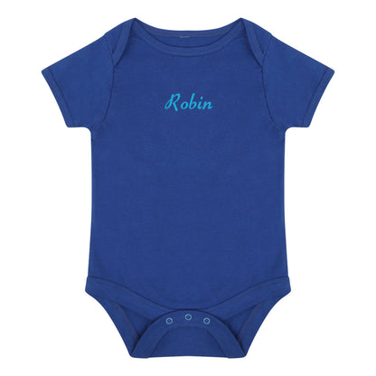 A royal blue short-sleeve baby bodysuit with the name 'Robin' embroidered in light blue script across the chest, displayed on a solid white background.