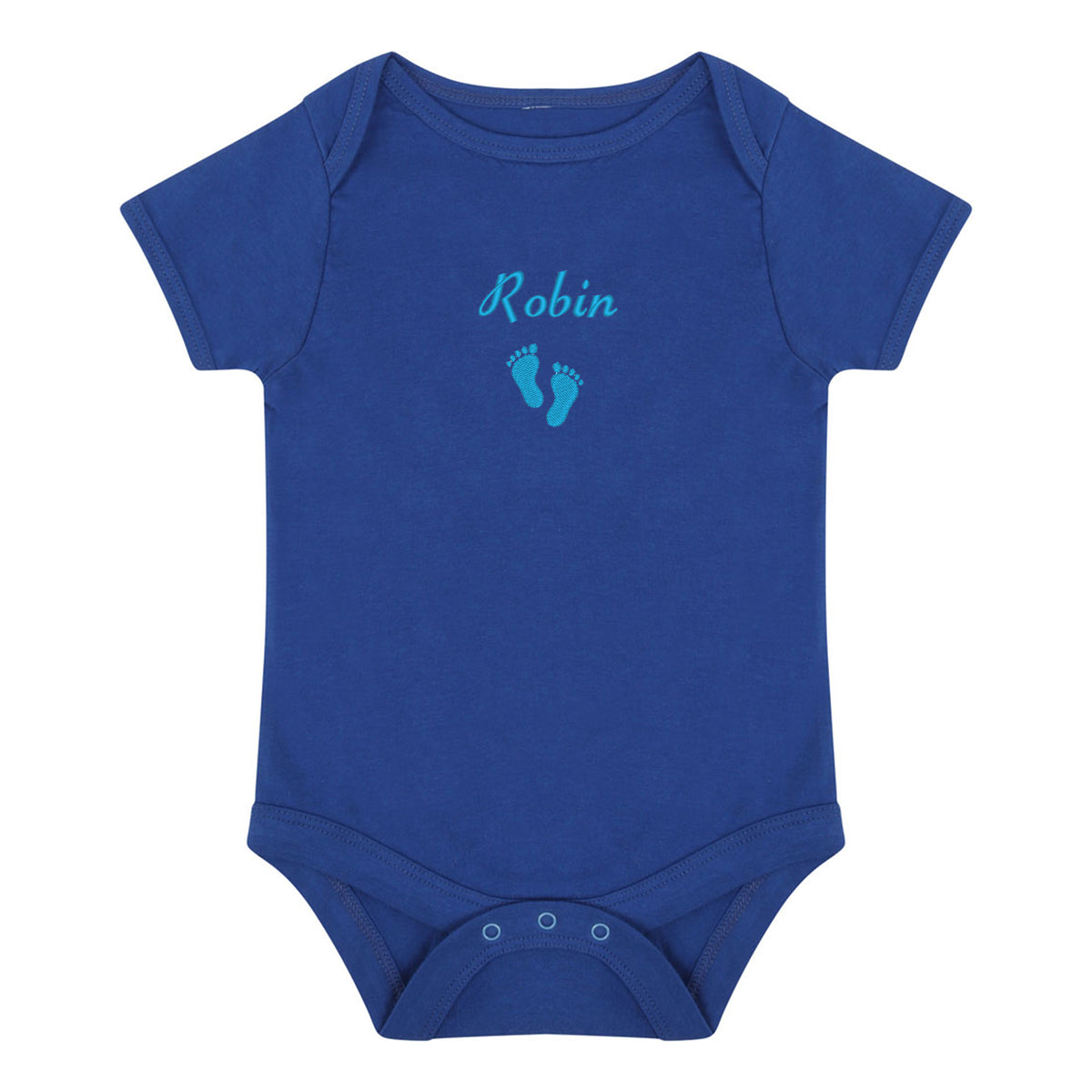 A royal blue short-sleeve baby bodysuit with 'Robin' and a pair of baby feet embroidered in light blue on the chest, displayed flat against a white background.