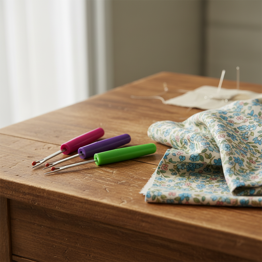 seam rippers on a desk with fabric