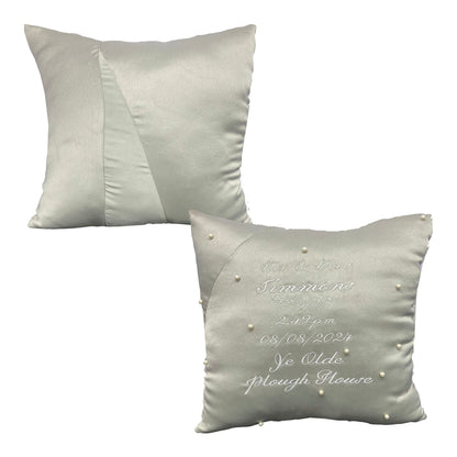 Handmade cushion from a bridesmaid dress into a memory cushion with a personalised embroidered message