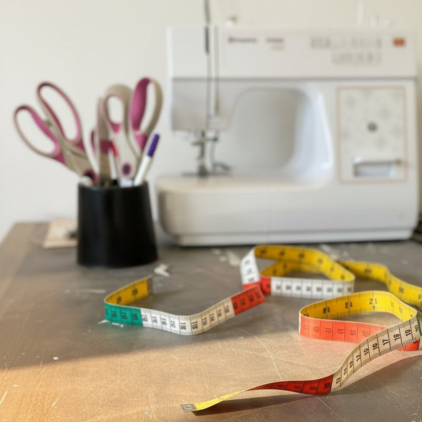 Colorful measuring tapes on a table with a sewing machine in the background