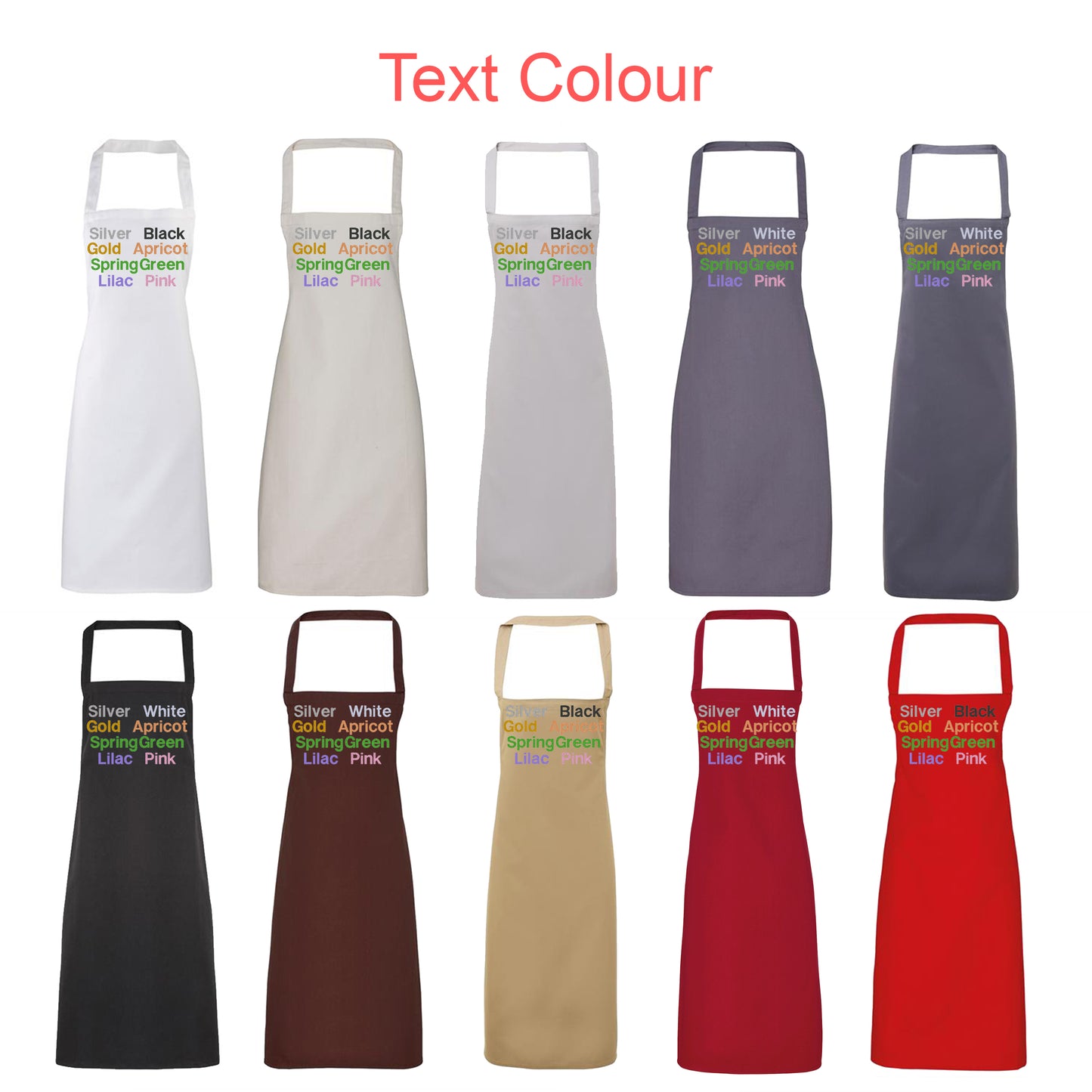 Set of aprons with text color options on a white background