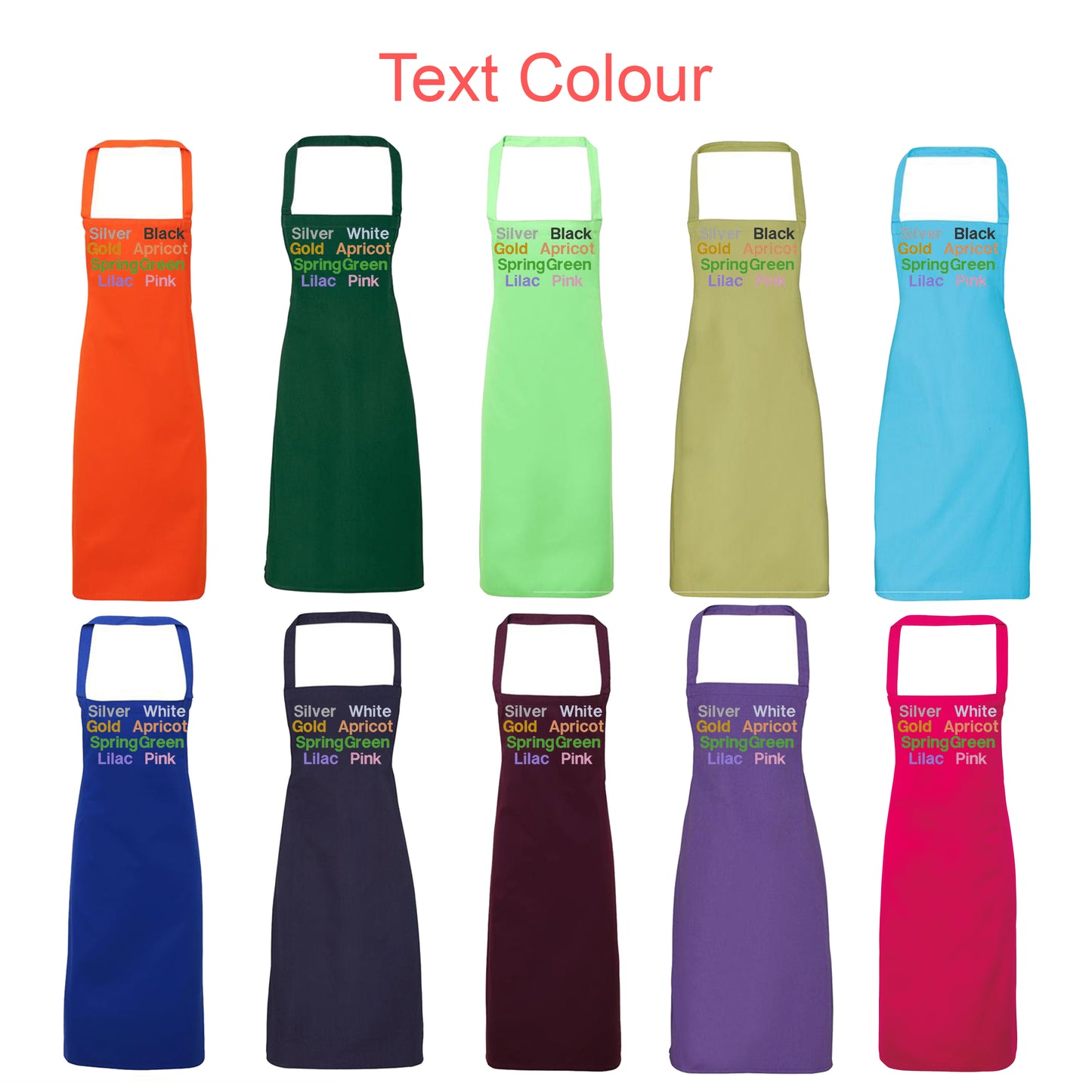 Set of colorful aprons with text color options on a white background