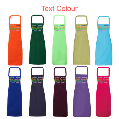 Set of colorful aprons with text color options on a white background