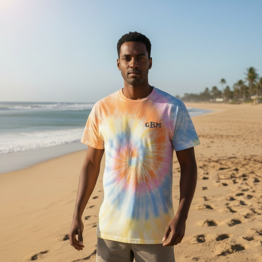 Man wearing a tie-dye shirt with 'GBM' monogram embroidery on a beach
