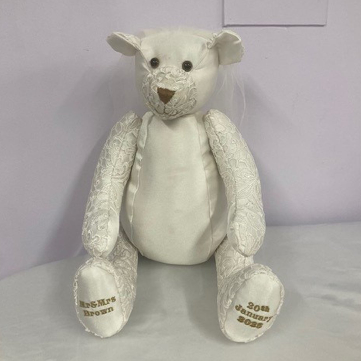 White teddy bear with lace details, handmade wedding bear