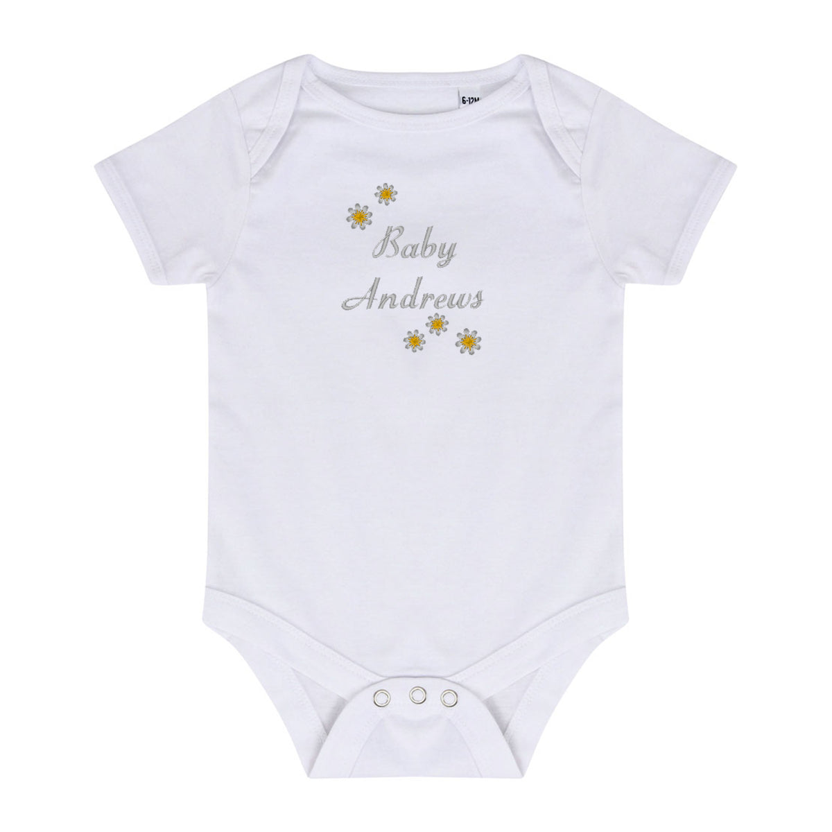 A white short-sleeve baby bodysuit with 'Baby Andrews' embroidered in gray script on the chest, decorated with small yellow and white daisy flowers, shown on a plain white background.
