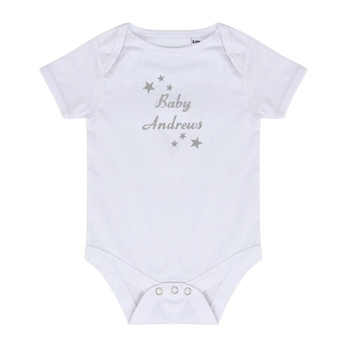 A white short-sleeve baby bodysuit with 'Baby Andrews' and silver stars embroidered on the chest, displayed flat against a white background.