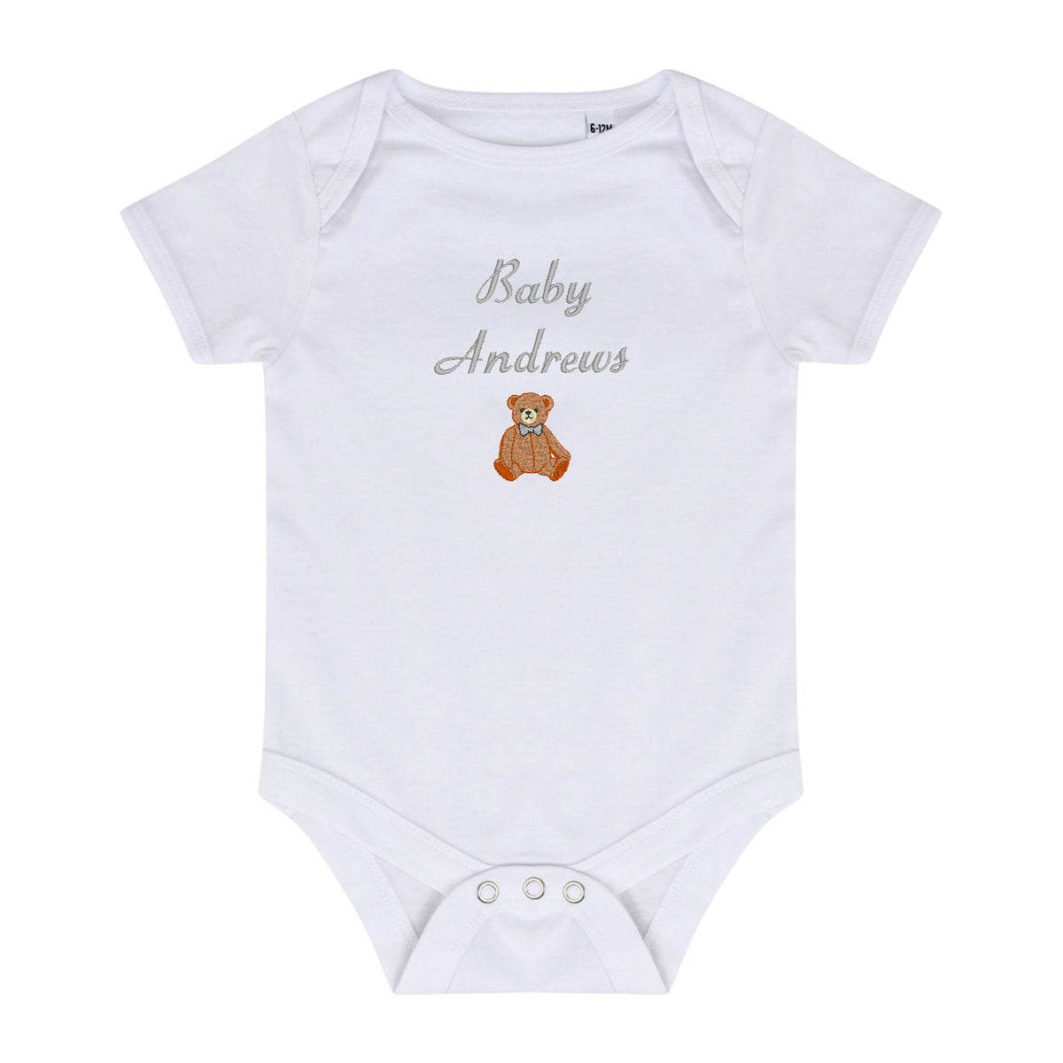 A white short-sleeve baby bodysuit with 'Baby Andrews' embroidered in gray script and a small brown teddy bear graphic on the chest, shown on a plain white background.