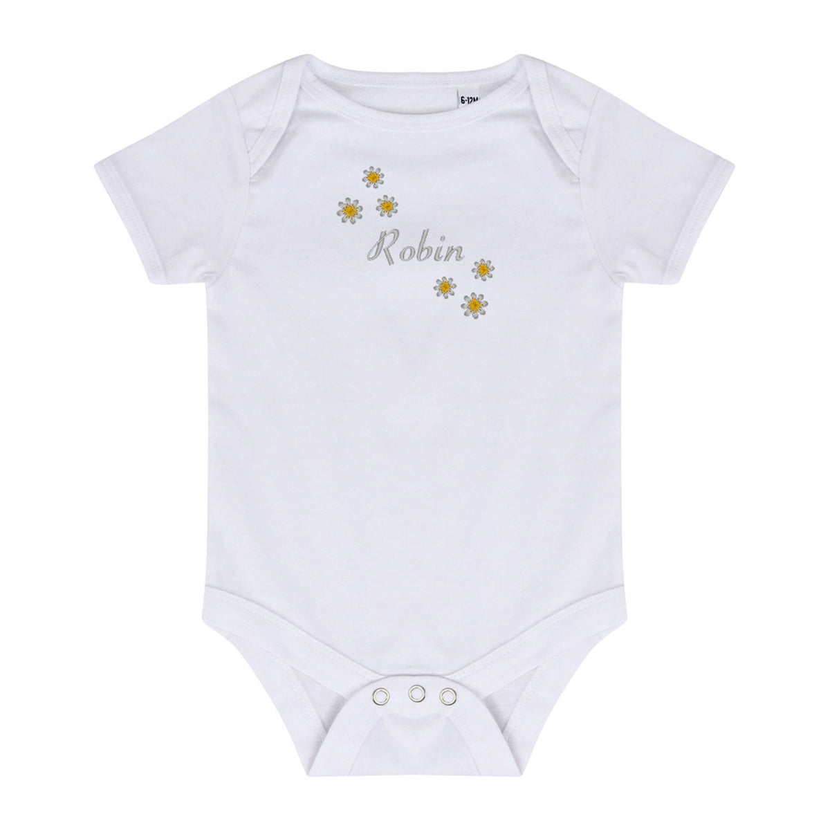 A white short-sleeve baby bodysuit with three silver snap buttons at the crotch. The chest features a graphic of five yellow and white daisy flowers with the name 'Robin' written in a gray cursive font in the center.