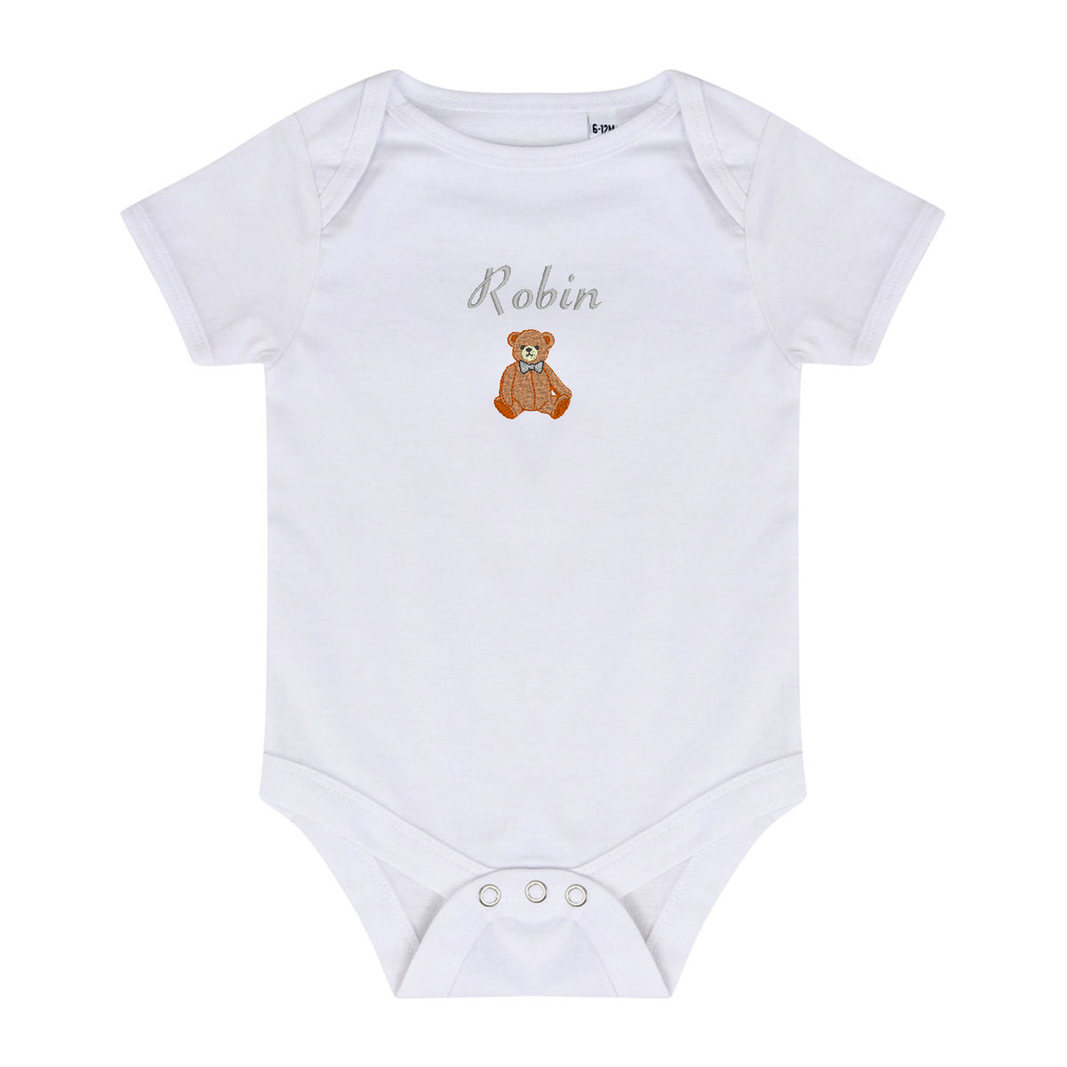 A white short-sleeve baby bodysuit with 'Robin' embroidered in gray script above a small brown teddy bear graphic on the chest, shown on a plain white background.