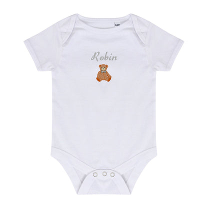 A white short-sleeve baby bodysuit with 'Robin' embroidered in gray script above a small brown teddy bear graphic on the chest, shown on a plain white background.