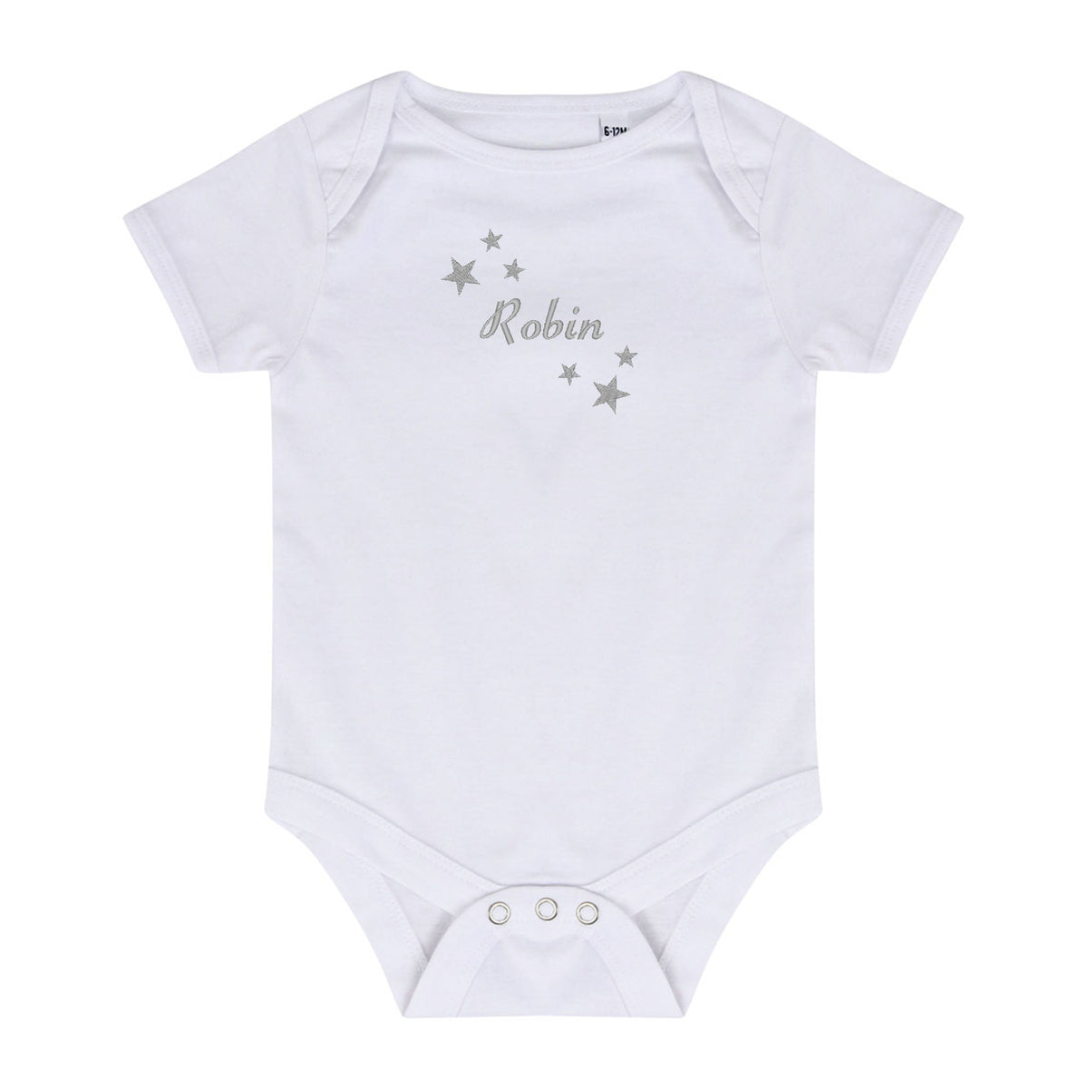 A white short-sleeve baby bodysuit with 'Robin' and silver stars embroidered on the chest, displayed flat against a white background.
