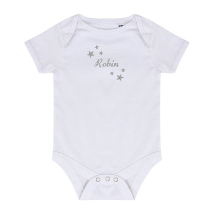 A white short-sleeve baby bodysuit with 'Robin' and silver stars embroidered on the chest, displayed flat against a white background.