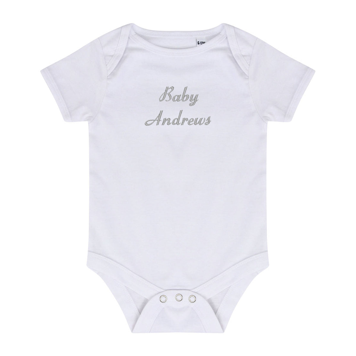A white short-sleeve baby bodysuit with 'Baby Andrews' embroidered in a silver cursive font on the chest, displayed flat against a white background.