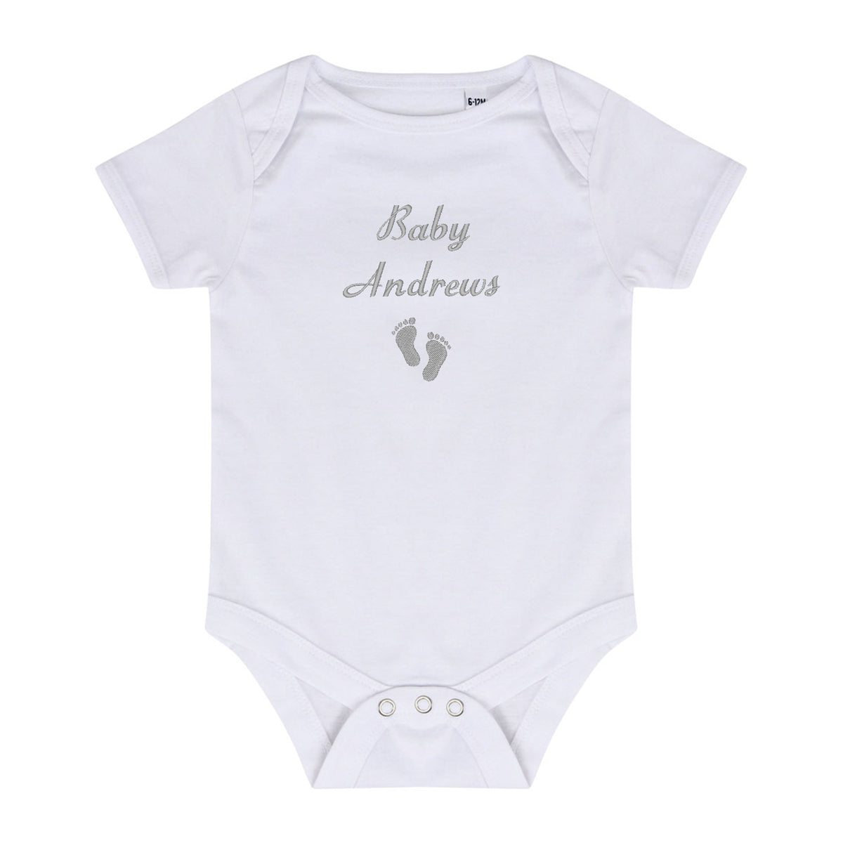 A white short-sleeve baby bodysuit with 'Baby Andrews' and baby footprints embroidered in gray on the chest, displayed flat against a white background.