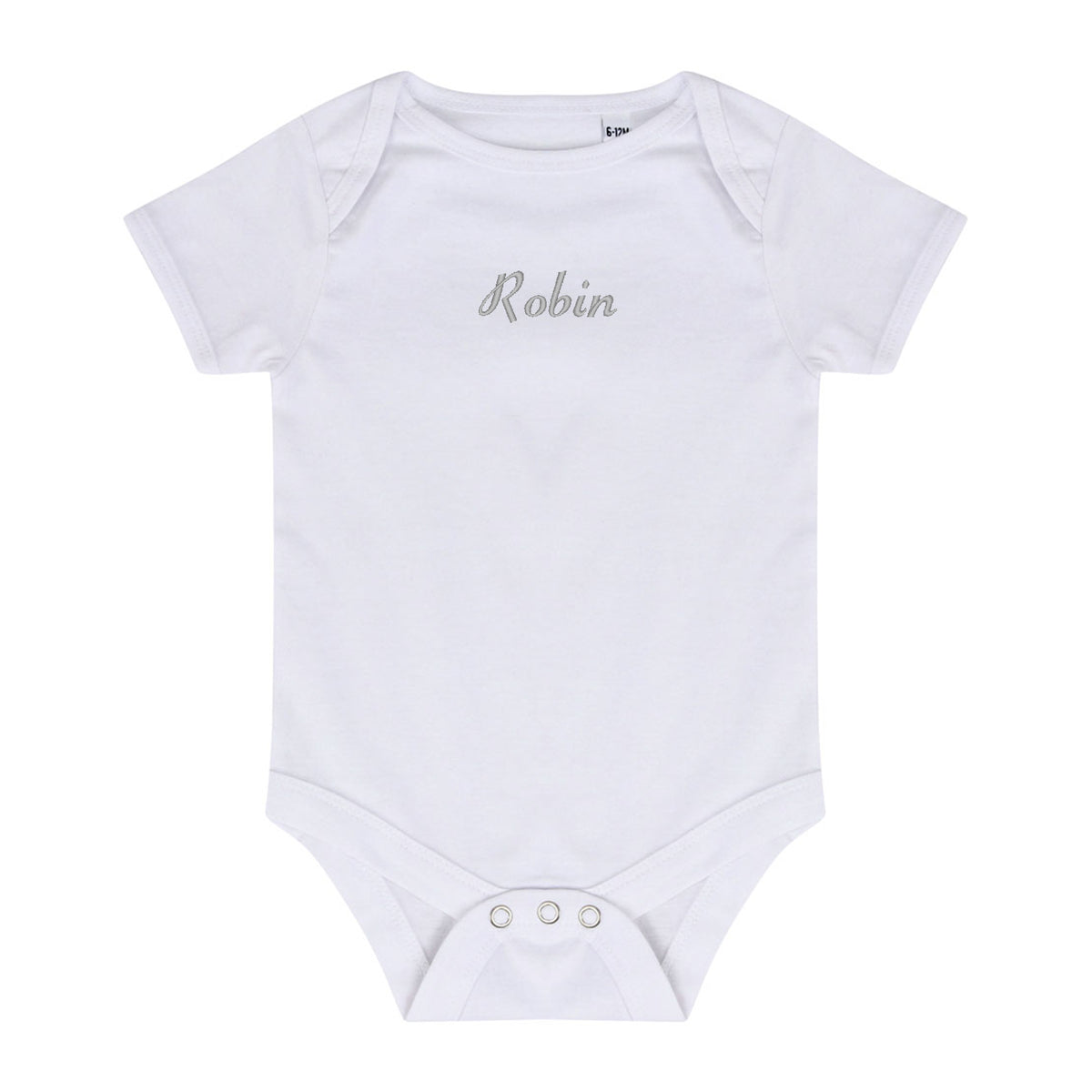 A white short-sleeve baby bodysuit with the name 'Robin' embroidered in a silver cursive font on the chest, displayed flat against a white background.