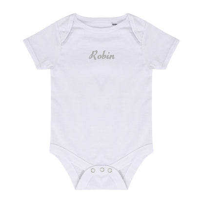 A white short-sleeve baby bodysuit with the name 'Robin' embroidered in a silver cursive font on the chest, displayed flat against a white background.