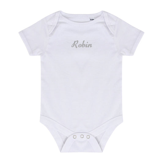 A white short-sleeve baby bodysuit with the name 'Robin' embroidered in a silver cursive font on the chest, displayed flat against a white background.