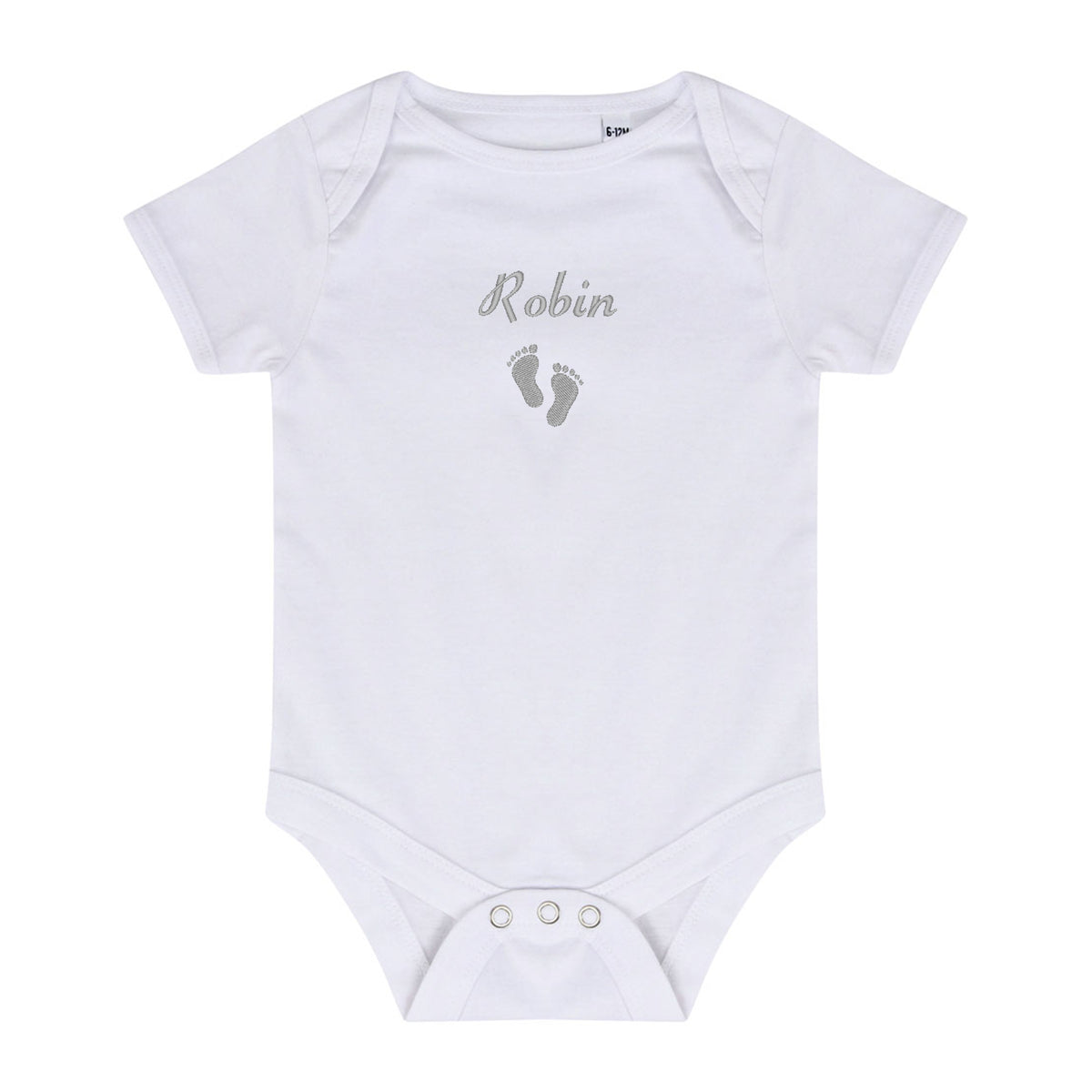 A white short-sleeve baby bodysuit with 'Robin' and baby footprints embroidered in gray on the chest, displayed flat against a white background.