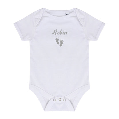 A white short-sleeve baby bodysuit with 'Robin' and baby footprints embroidered in gray on the chest, displayed flat against a white background.