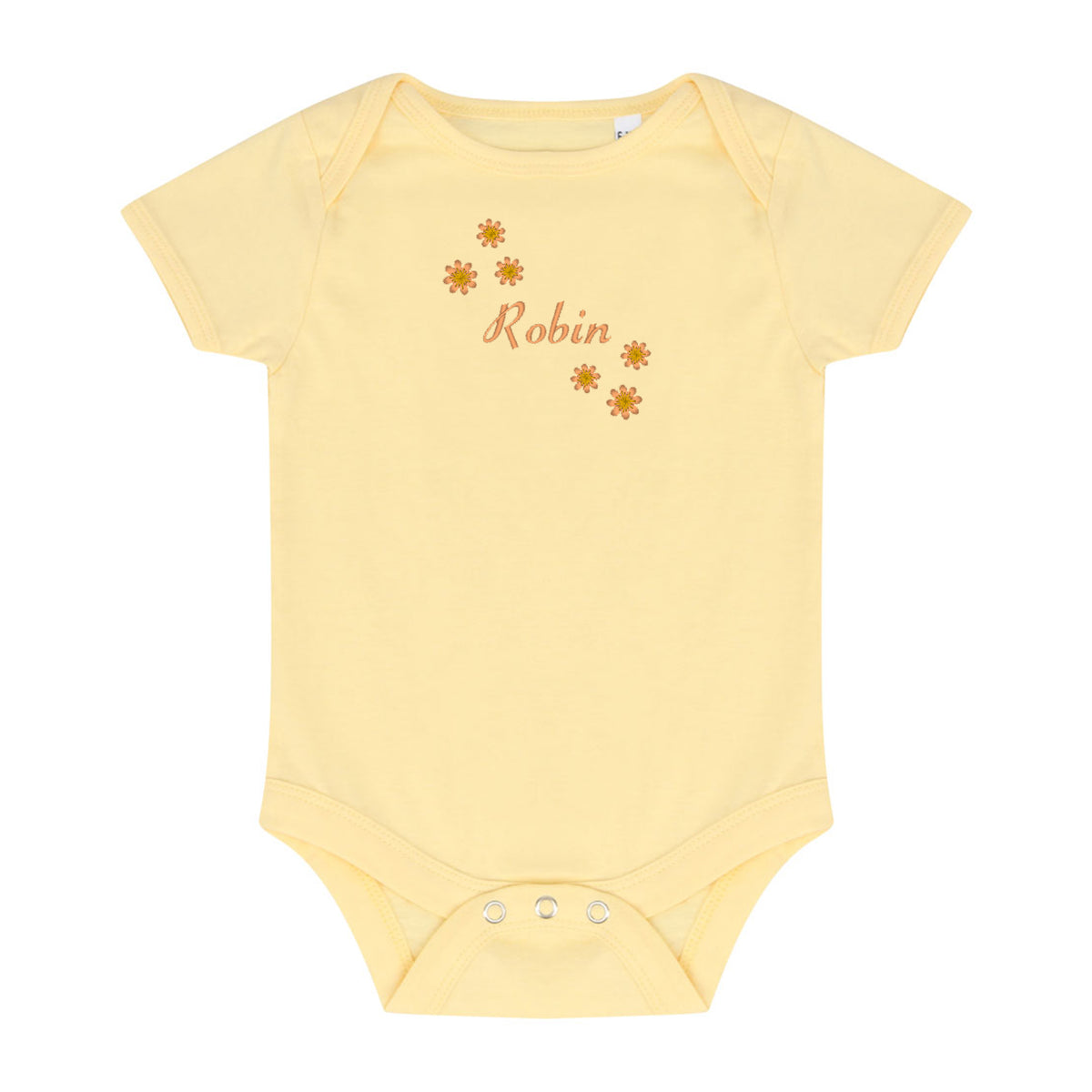 A pale yellow short-sleeve baby bodysuit with three snap buttons at the crotch and a custom graphic on the chest. The graphic features the name 'Robin' in a dusty rose script font, surrounded by small brown flower illustrations, set against a plain white background.