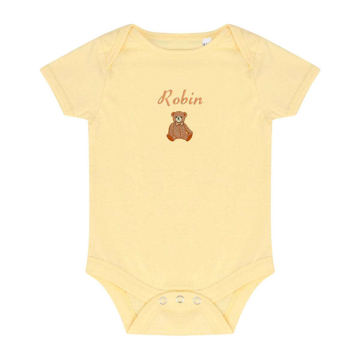 A pale yellow short-sleeve baby bodysuit with 'Robin' and a small brown teddy bear graphic embroidered on the chest, displayed flat against a white background.