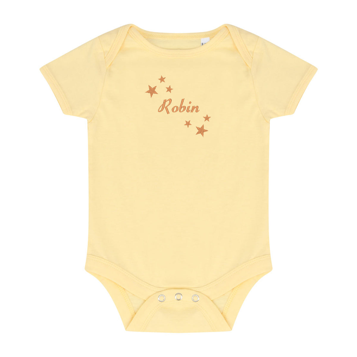 A pale yellow short-sleeve baby bodysuit with 'Robin' and small stars embroidered in brown on the chest, displayed flat against a white background.