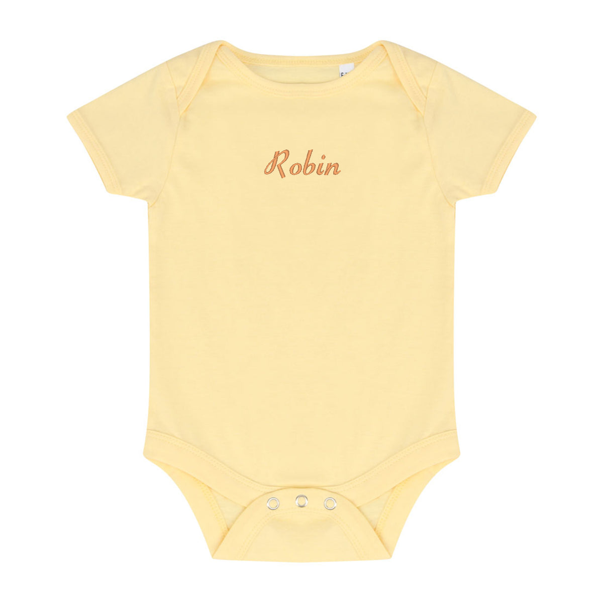 A pale yellow short-sleeve baby bodysuit with the name 'Robin' embroidered in a cursive peach font on the chest, displayed flat against a white background.