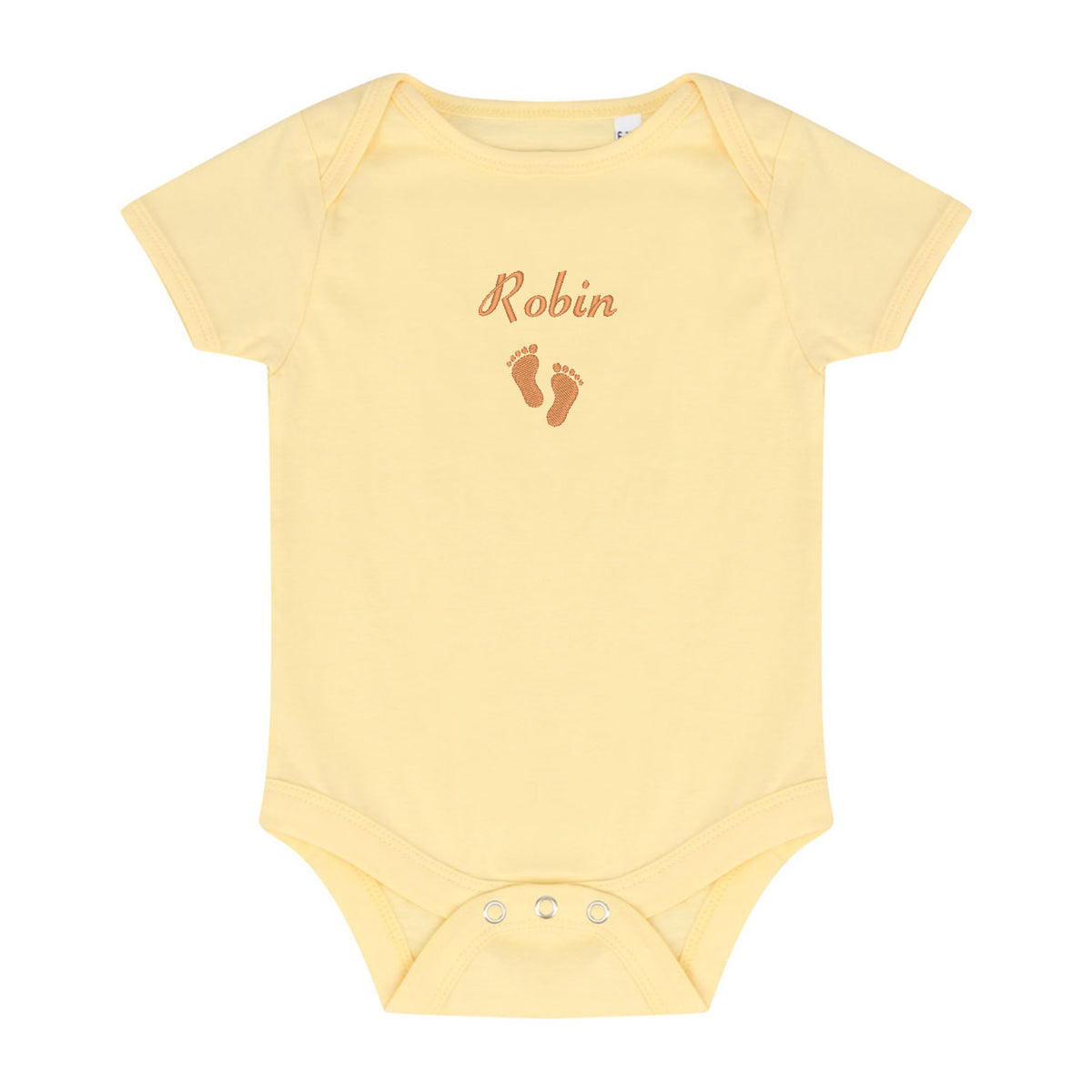 A pale yellow short-sleeve baby bodysuit with 'Robin' and baby footprints embroidered in brown on the chest, displayed flat against a white background.
