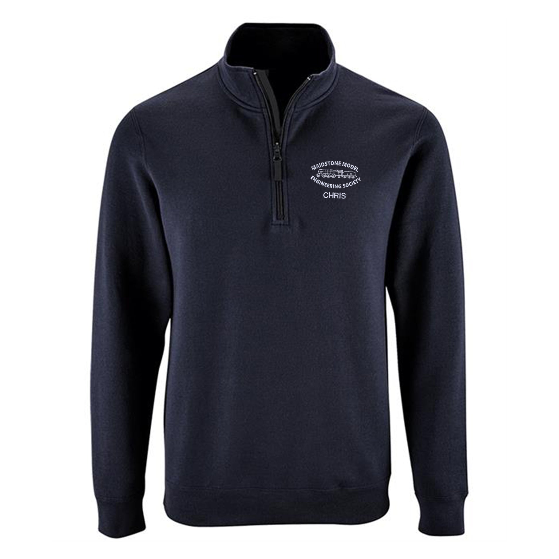 Mens jumper with zip collar and embroidered emblem