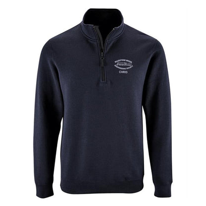 Mens jumper with zip collar and embroidered emblem